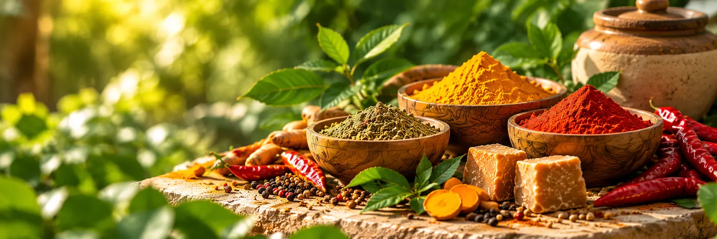 Bowls of spices, jaggery and chillies