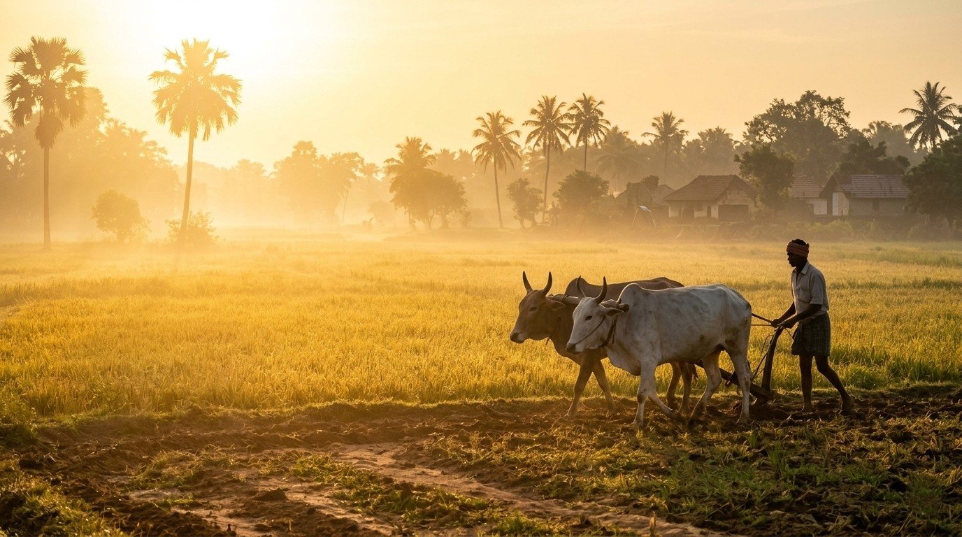 Farmer ploughing field with nagali and bullocks at sunrise